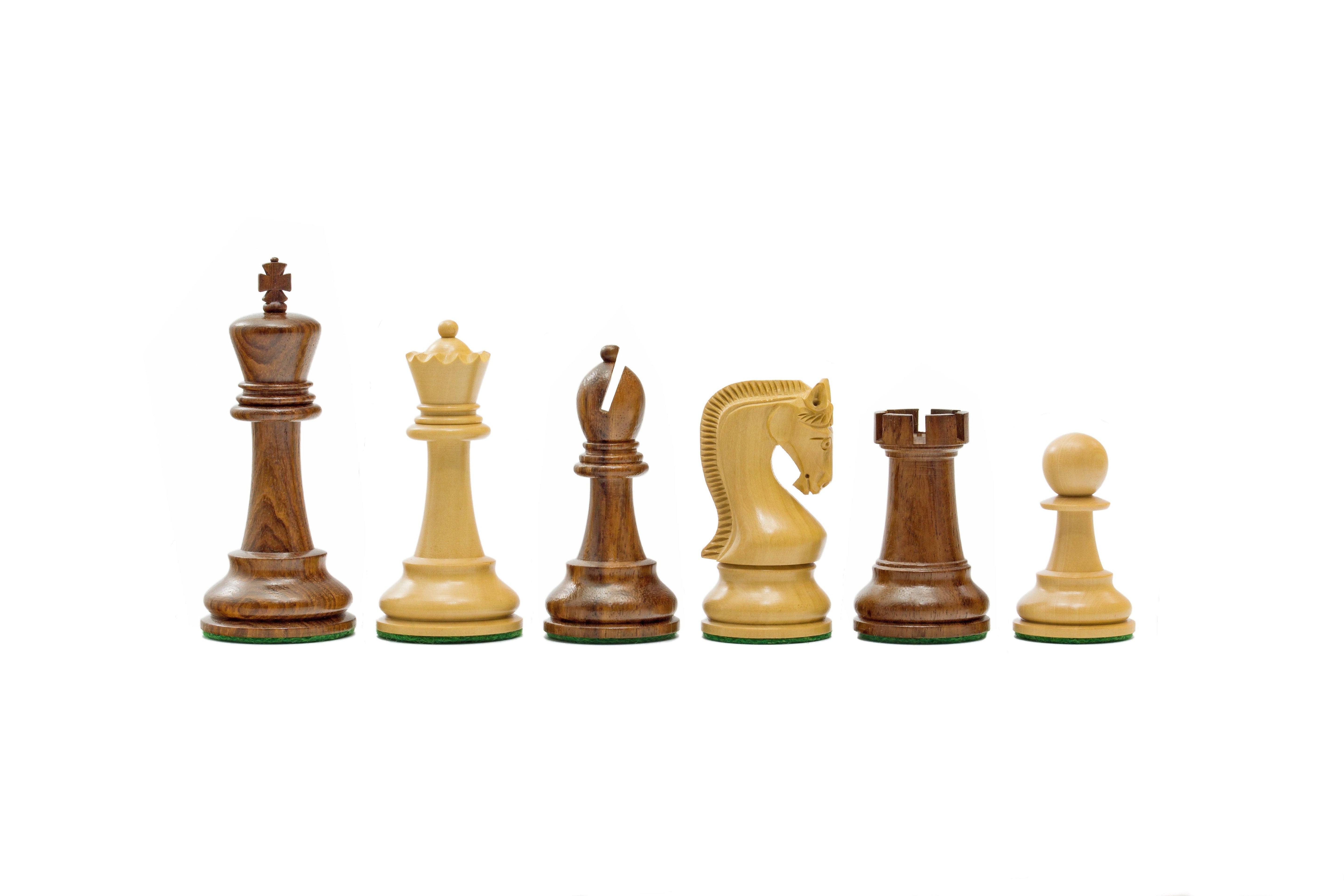 Leningrad Series Acacia Chess Men 4 inch Staunton design set showing King, Queen, Bishop, Knight, Rook, and Pawn pieces on white background