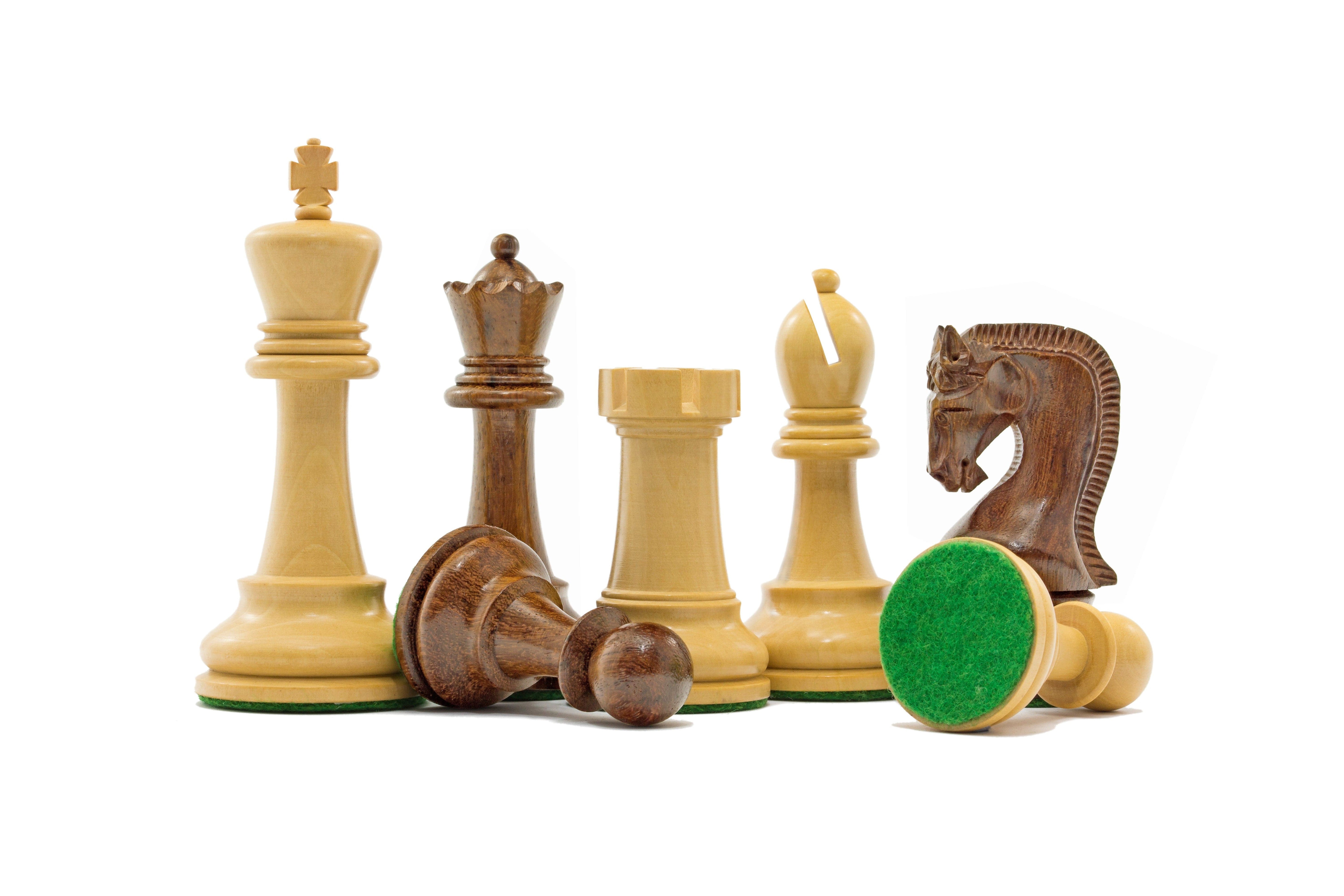 Classic Staunton design Leningrad Series Acacia Chess Men with 3.25 inch king and billiard cloth bases on display