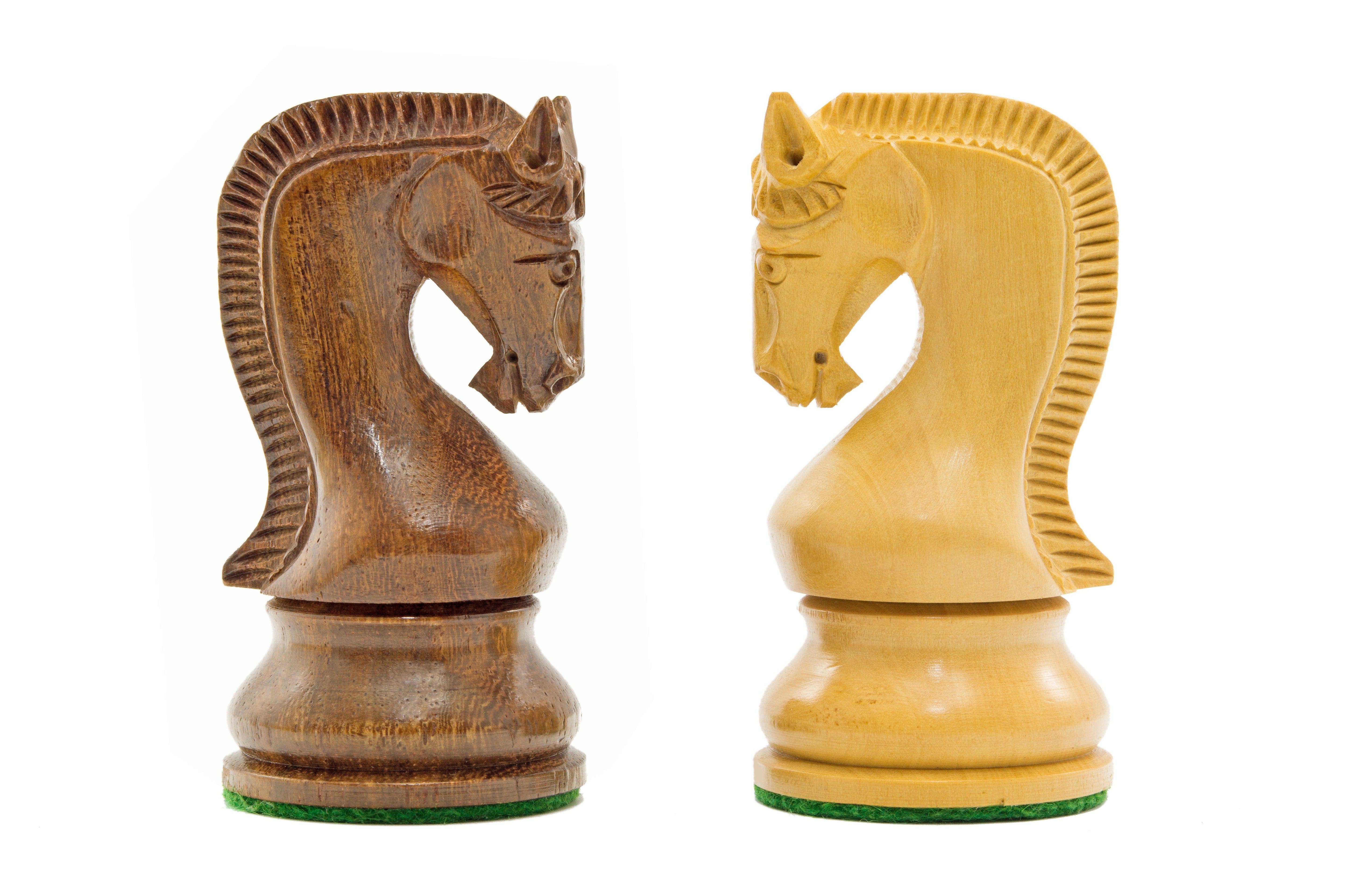 Leningrad Series Acacia Chess Men 4-inch knights, classic Staunton design, French Knight Series, stained and natural wood finish.