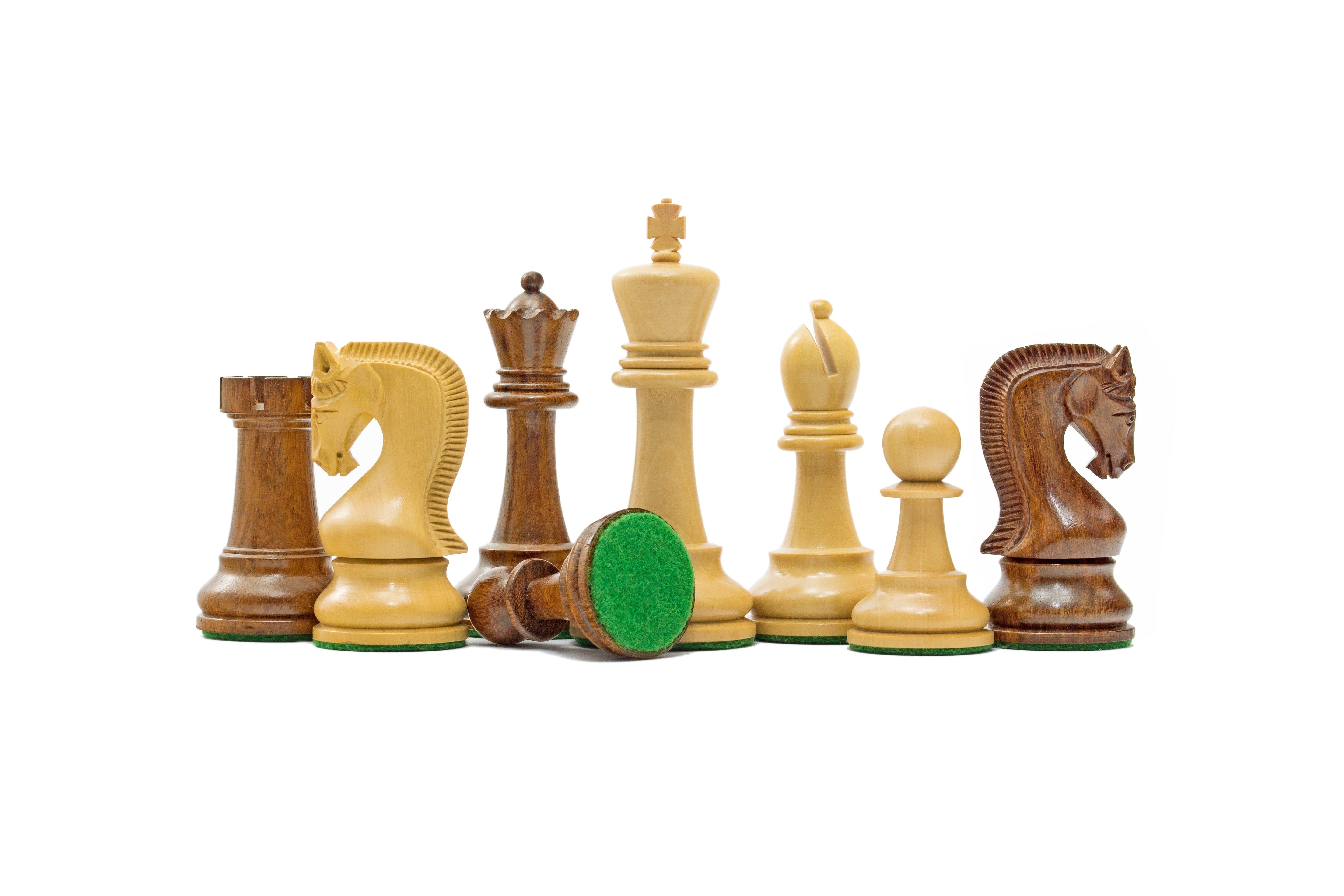 Leningrad Series Acacia Chess Men, 4 inch Staunton design with weighted pieces and billiard cloth bases.