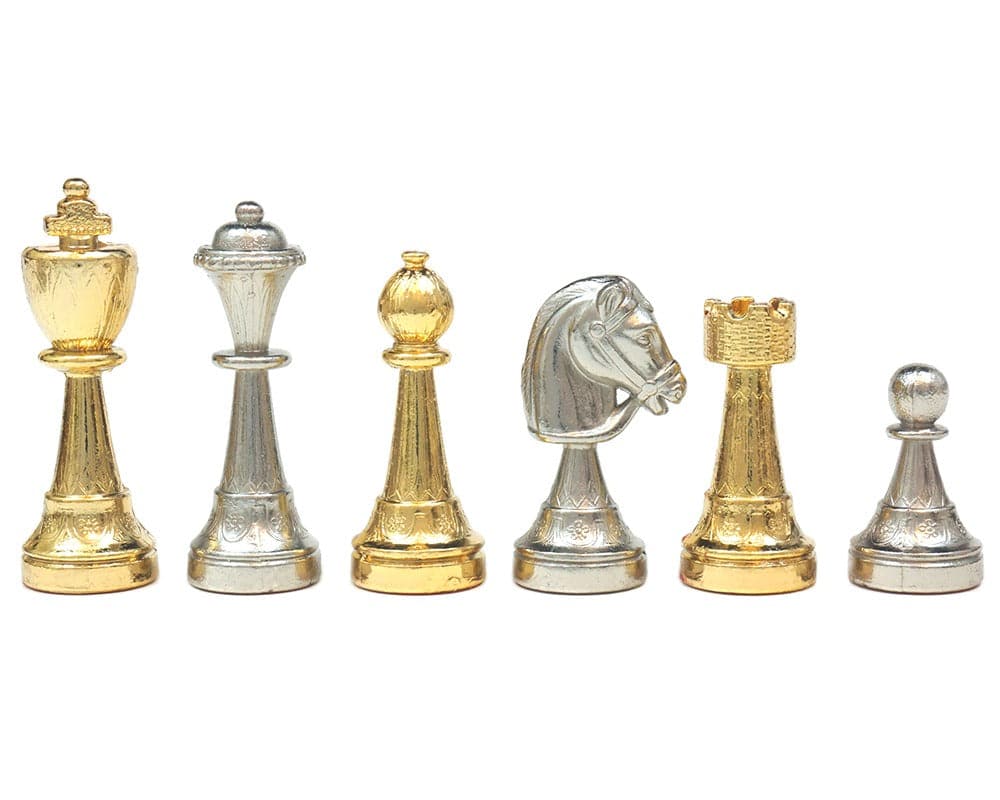 The Messina Gold and Silver Plated Italian Chessmen set displaying exquisite detail and craftsmanship, perfect for boards 13-17 inches