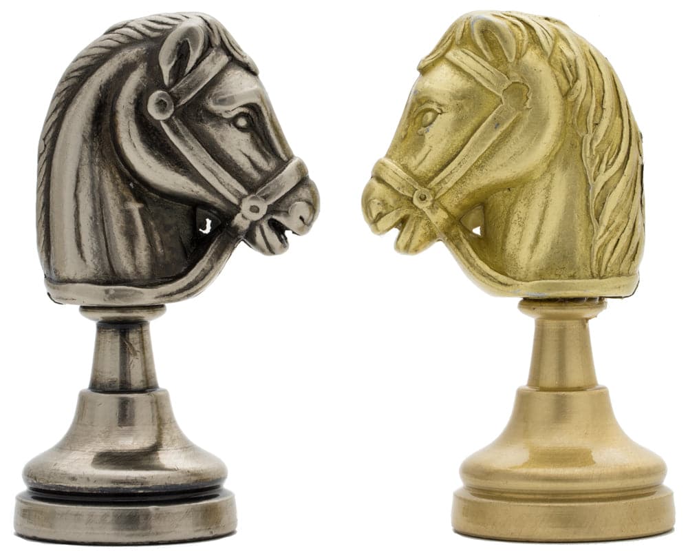 Metal horse head chess pieces from The Turin Metal Chess Men by Italfama, crafted from ebony and antiqued boxwood, with felted bases.