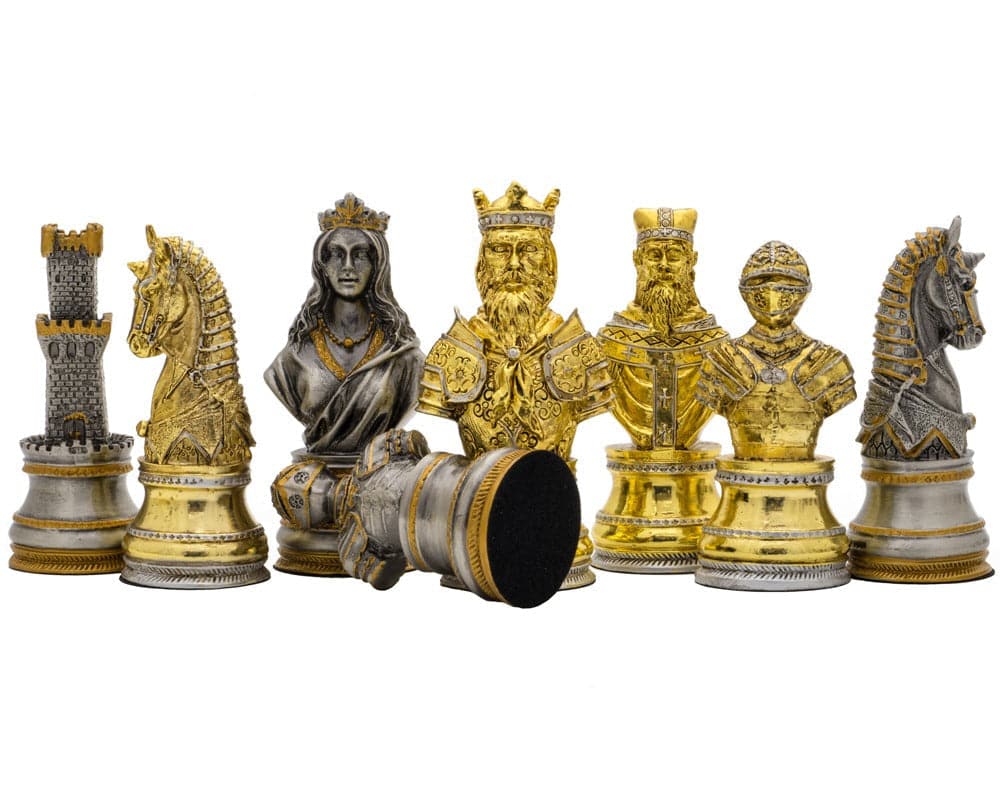 Hand-painted medieval pewter chess pieces by Italfama showcasing luxury design and intricate detailing.