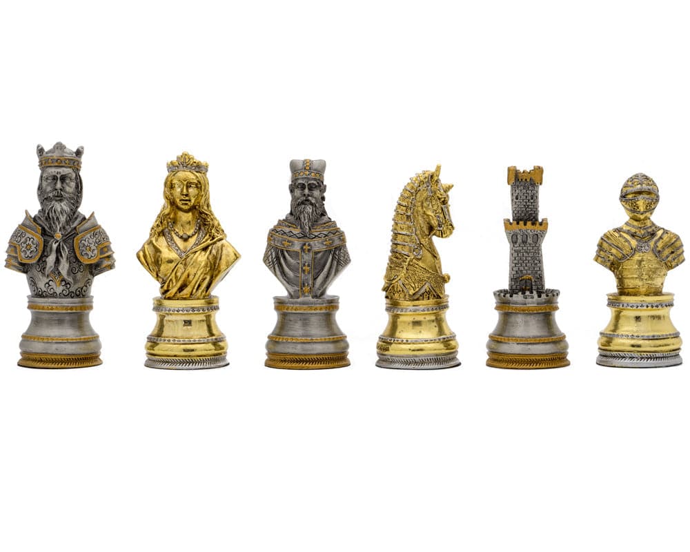 The Medieval Pewter Hand Painted Luxury Chess Men by Italfama, featuring intricately detailed royal and knight chess pieces.