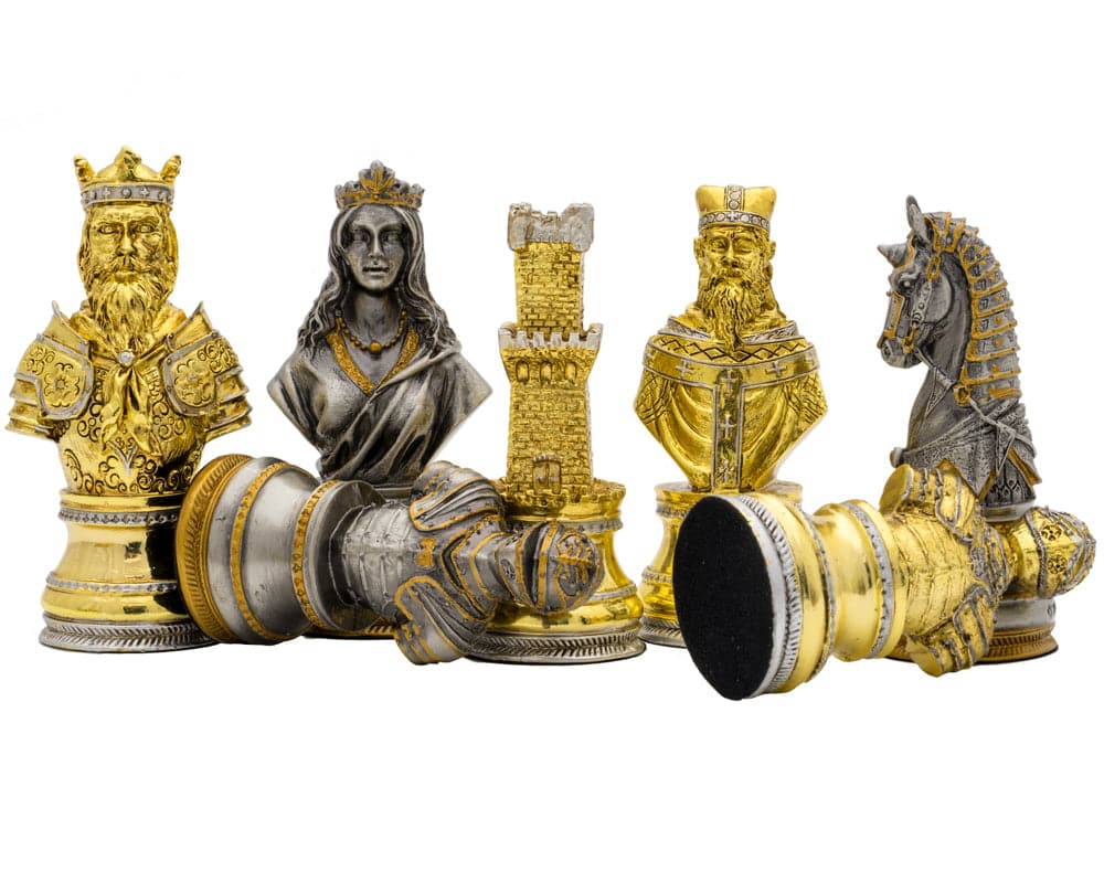 The Medieval Pewter Hand Painted Luxury Chess Men by Italfama featuring detailed gold and silver figurines.