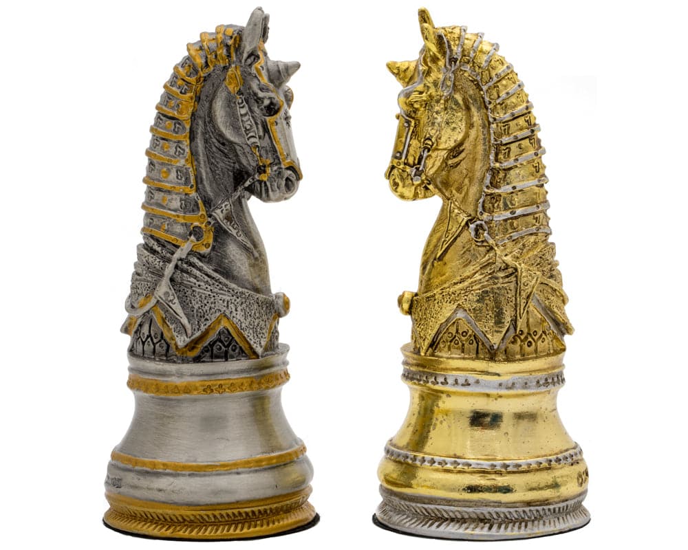 Medieval Pewter Hand Painted Luxury Chess Men Knight Pieces by Italfama in Silver and Gold