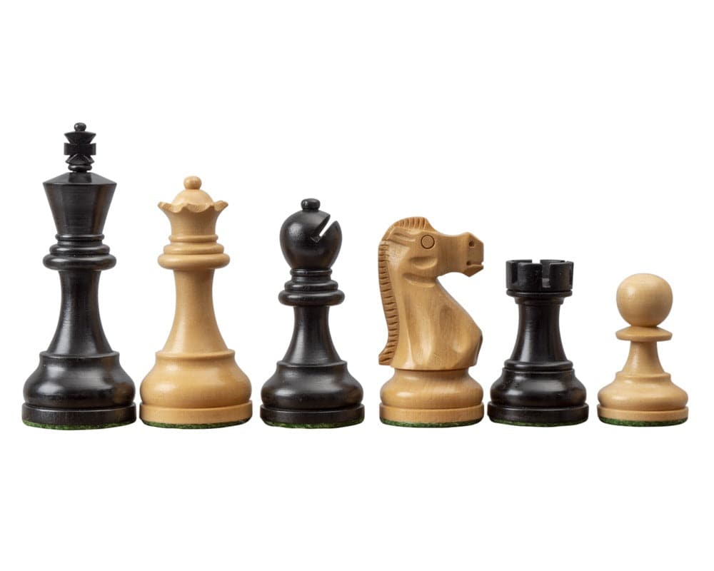 The Levisham 3.5 inch ebonised boxwood Staunton chessmen, featuring well-detailed knights and a superb high-standard finish.