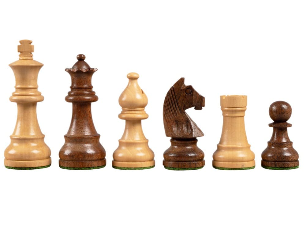 Downhead Acacia 3 inch chess pieces with green billiard cloth bases, ideal for 14 to 16 inch boards. Classic design, eco-friendly wood.