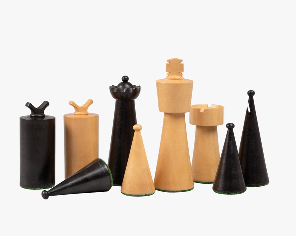 Art Deco ebonised and boxwood chess pieces set, 3.5 inch, showcasing unique minimalist design in black and natural wood color.