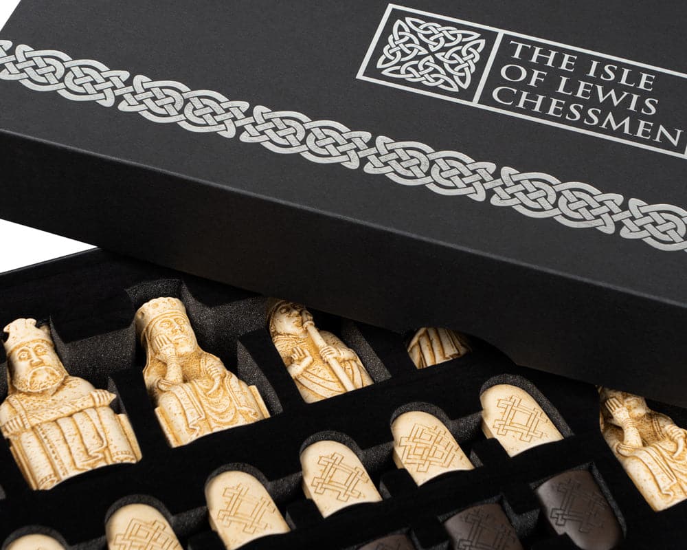 Isle of Lewis Chessmen Set by Regency Chess in presentation box, featuring detailed hand-made crushed stone resin chess pieces.