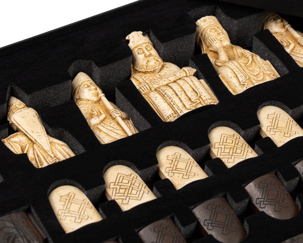 Handcrafted Isle of Lewis chess pieces set by Regency Chess, made from crushed stone resin, showcasing detailed and polished replicas.