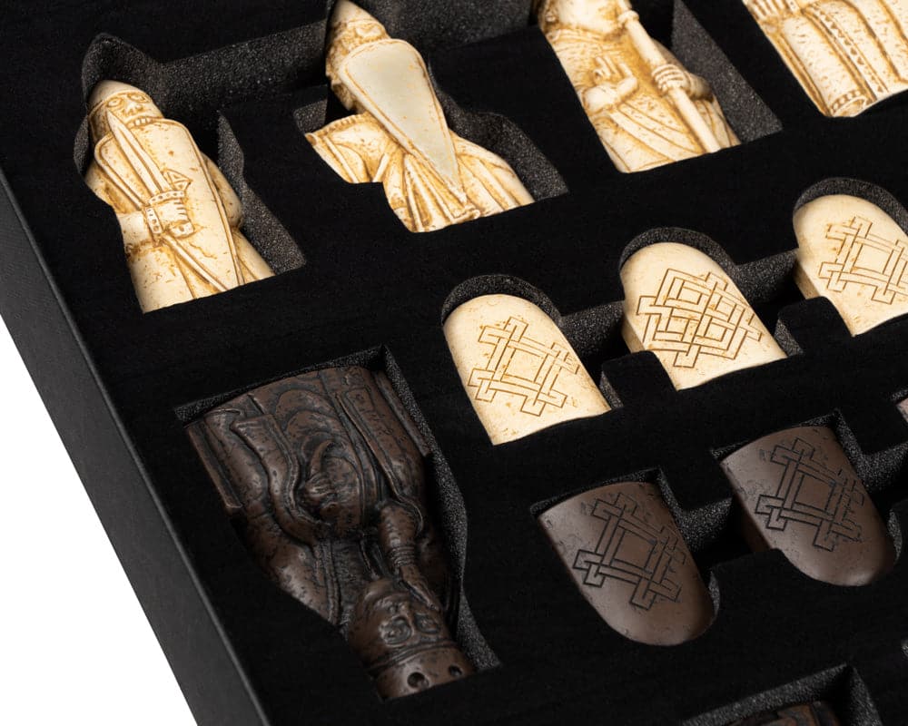 Official Isle of Lewis chessmen set pieces in black case, hand made in the UK, made from crushed stone resin for authentic look and feel