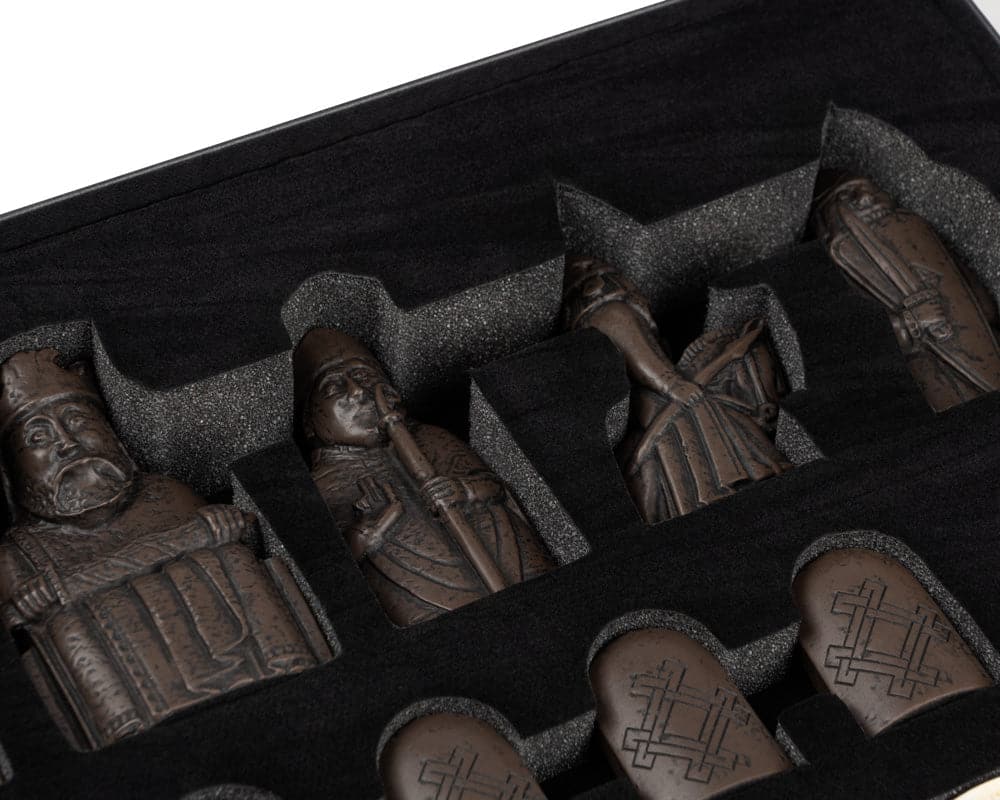 Regency Chess Official Lewis Chessmen Set in black foam case. Hand made stone resin pieces replicating original Isle of Lewis artefacts.