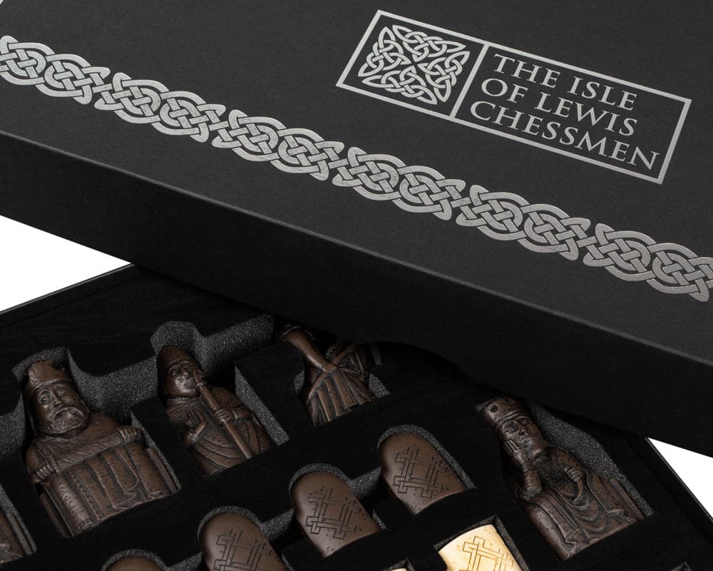 Regency Chess Official Isle of Lewis Chessmen Set box with hand-made, polished replica chess pieces made from crushed stone resin material.