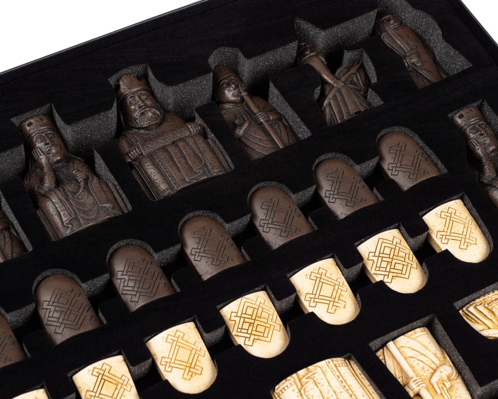 Regency Chess Official Isle of Lewis chessmen set pieces in box, handcrafted in the UK from crushed stone resin, replica of original artefacts.