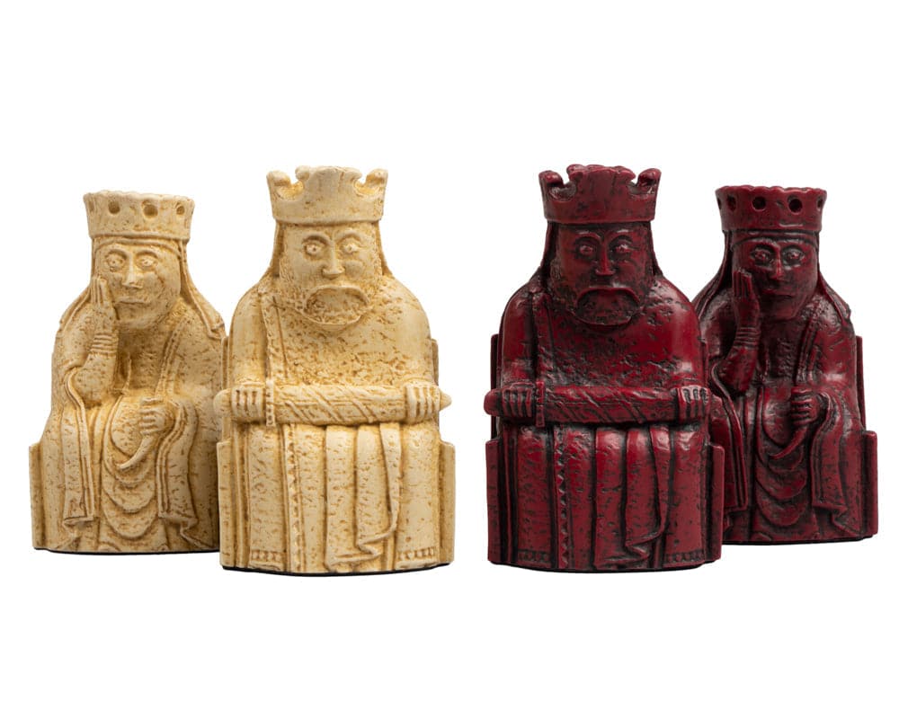 Isle of Lewis 3.25" Red and Ivory Chessmen by The Regency Chess Company, handmade crushed stone resin chess pieces set.