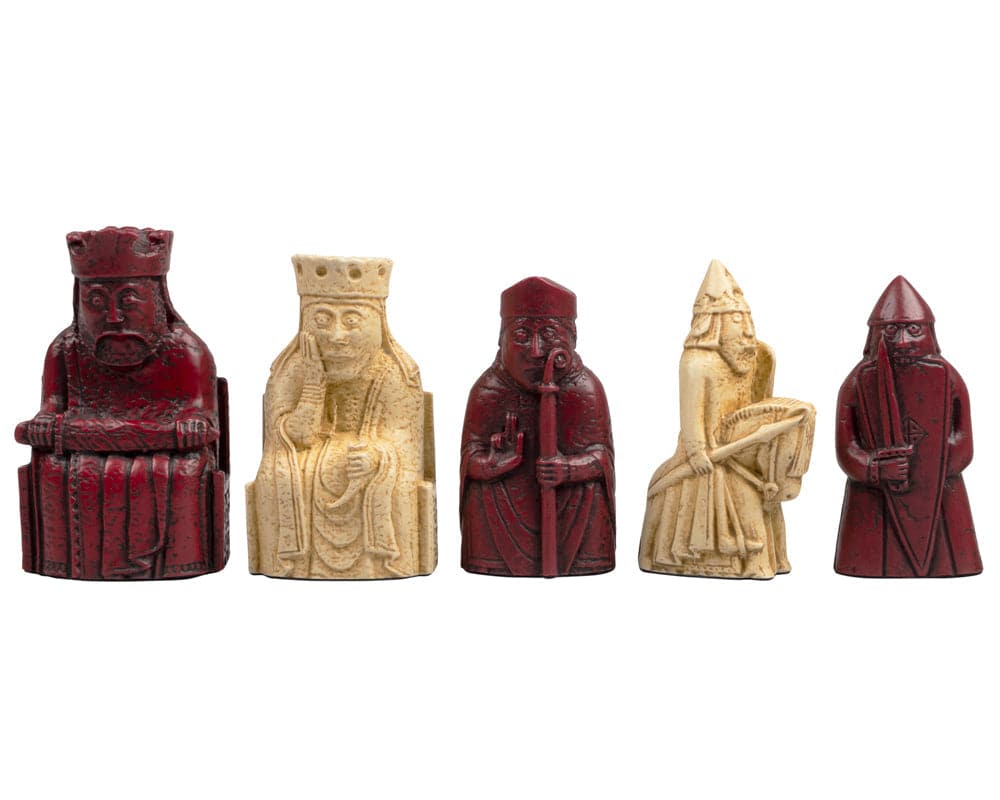 Isle of Lewis red and ivory chessmen set from The Regency Chess Company, handmade crushed stone resin pieces in UK.