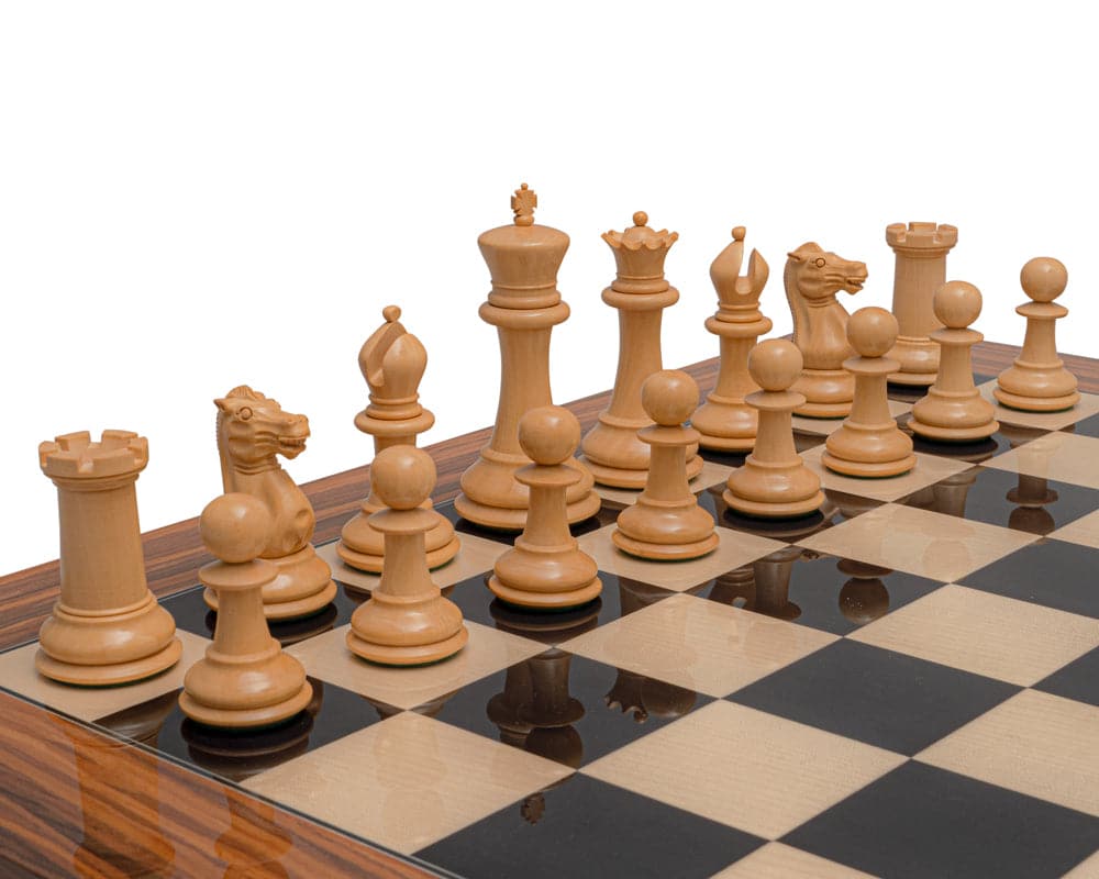 Reproduction Staunton Ebony Chessmen 1849 Model 4.4 inch King set up on chessboard.