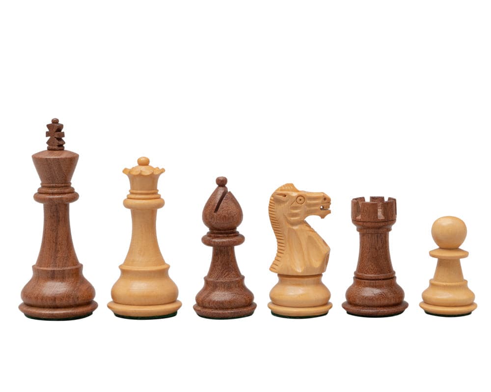 3.5 Inch Classic Staunton Chessmen in Acacia and Boxwood featuring a traditional design with weighted and felted pieces.