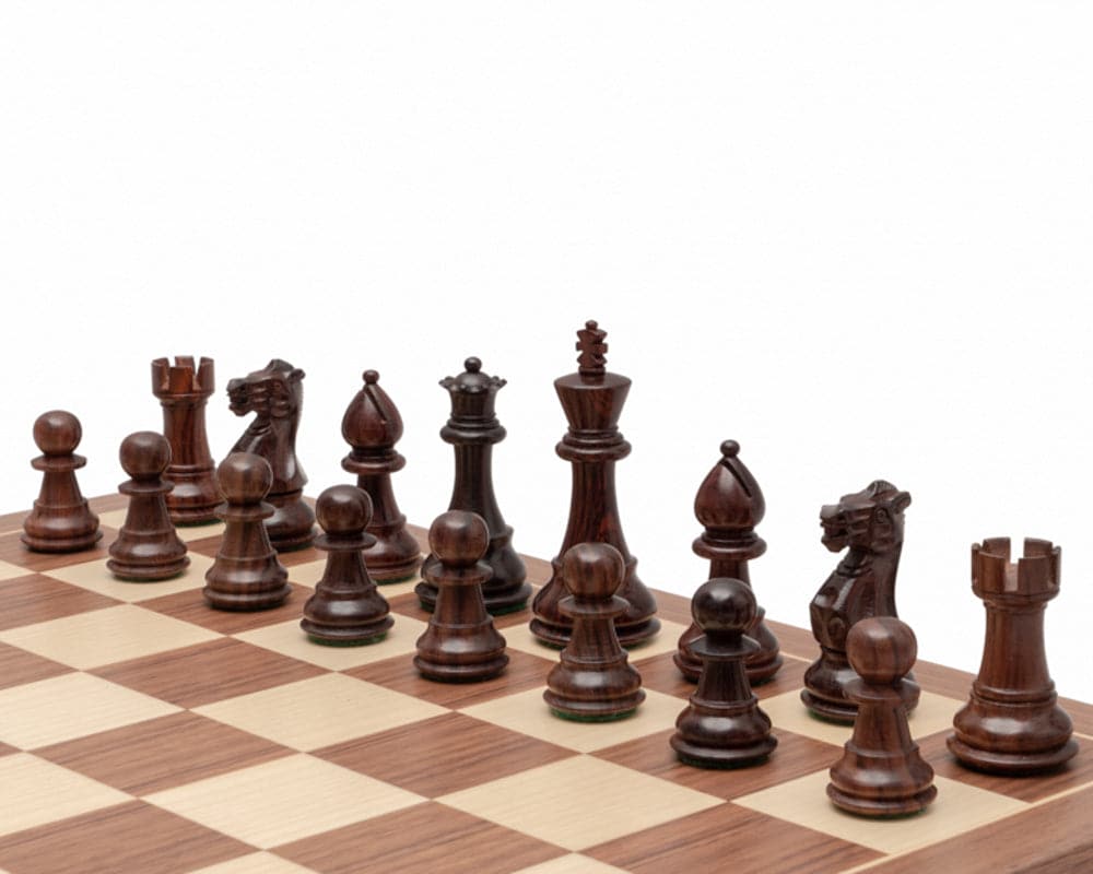 3.5 Inch Classic Staunton Rosewood chessmen on chessboard, featuring traditional Staunton design, expertly turned, weighted and felted pieces