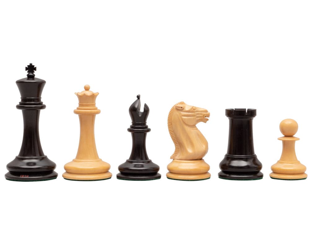 J J Cooke reproduction chess men in ebony and rosewood featuring Classic Staunton design with 4.4-inch king and beautifully handcrafted pieces