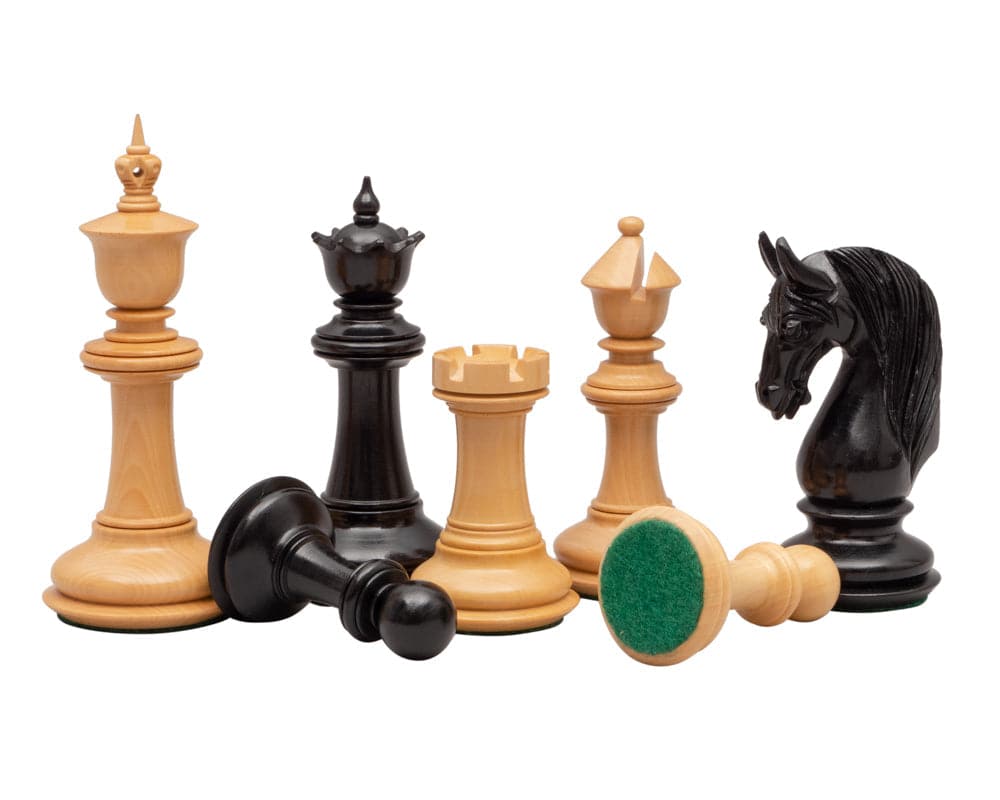 Blackburne Luxury Ebony Chess Men 4.5 inch set with handcrafted detailed pieces including kings, queen, rook, knight, and pawn