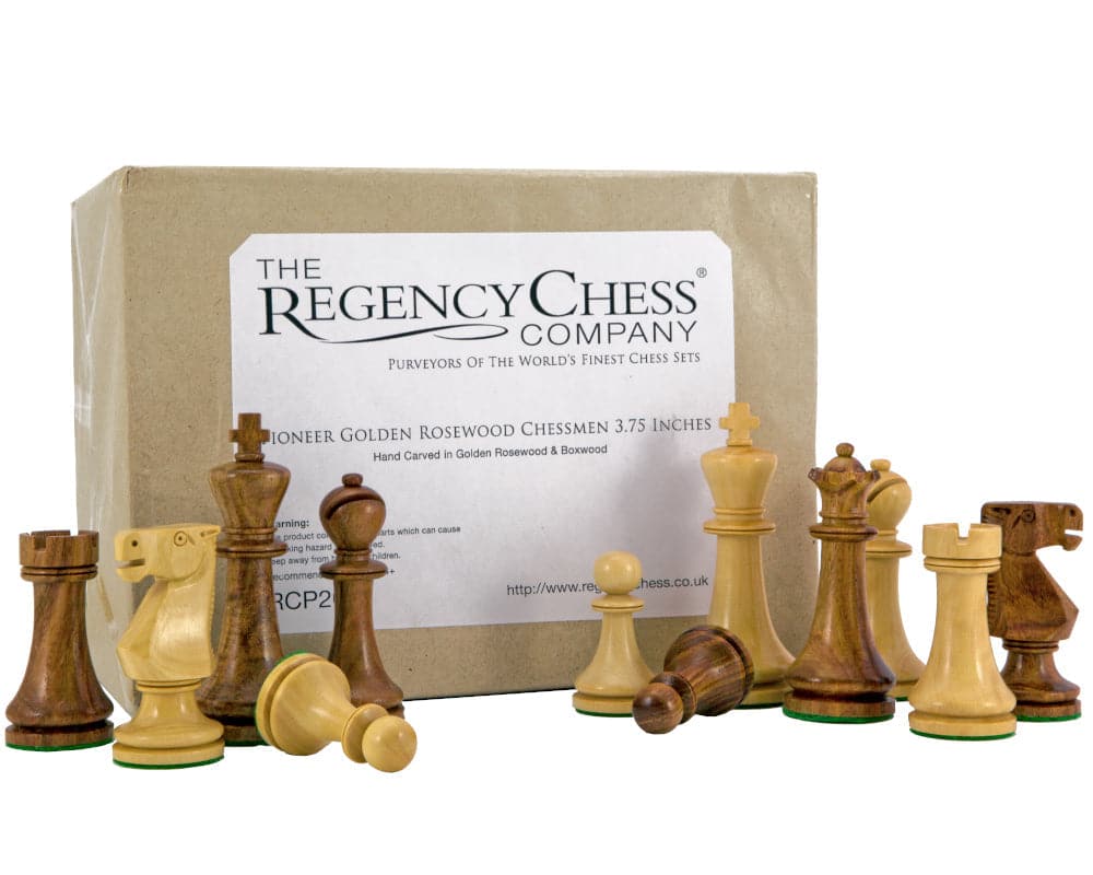 Pioneer Golden Rosewood Chessmen 3.75 Inches set by Regency Chess Company with box, showcasing 3.75 inch king and other golden rosewood pieces