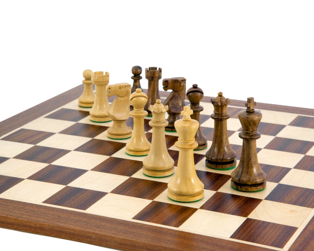 Pioneer Golden Rosewood Chessmen 3.75 Inches on a 20-inch chessboard. Hand turned, weighted, and felted pieces, including a 3.75-inch king and two additional queens.