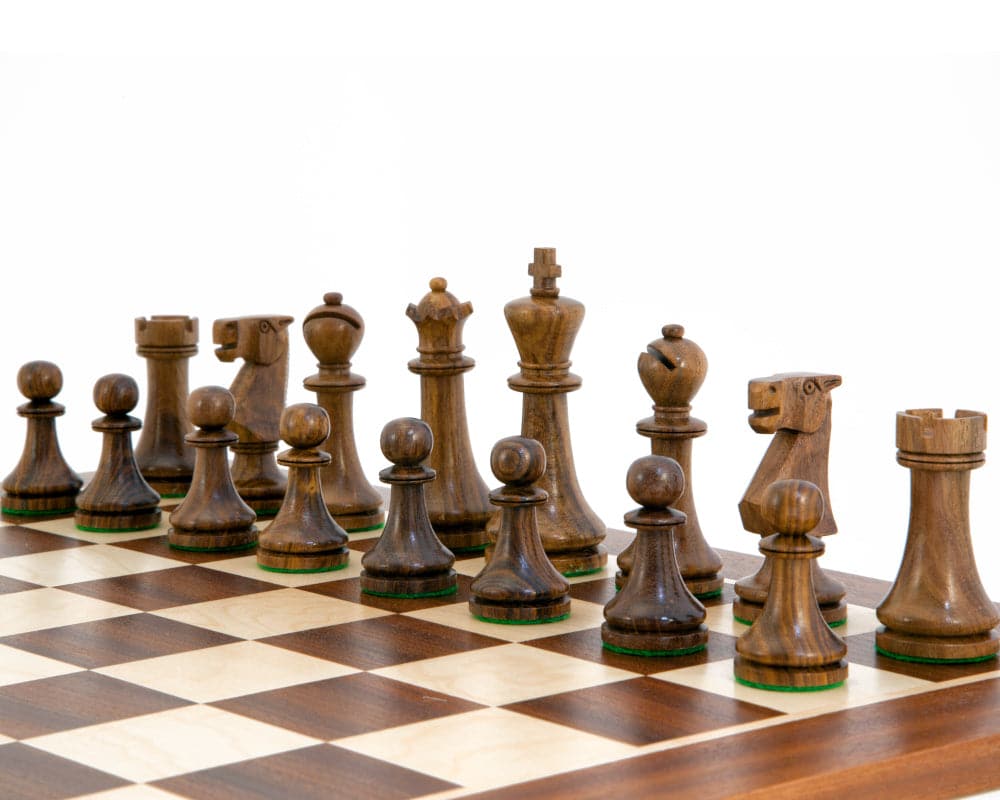 Pioneer Golden Rosewood Chessmen 3.75 Inches set up on a chessboard showcasing hand-turned Staunton style pieces.