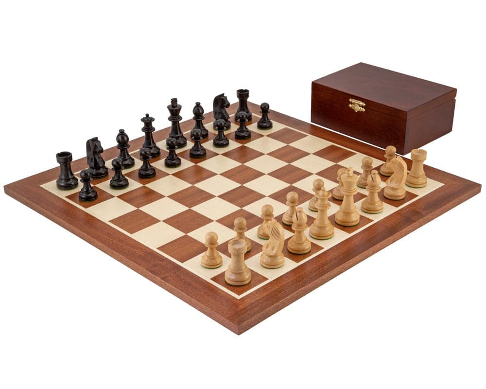 Down Head Black Grand Championship Chess Set with 19 inch Maple and Mahogany Board and Storage Box