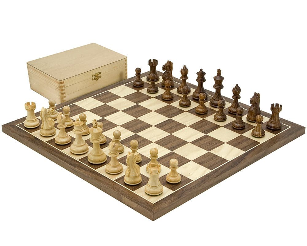 Fierce Knight Tournament Chess Set with double weighted pieces and a 3-inch king height displayed on a wooden chessboard with storage box.