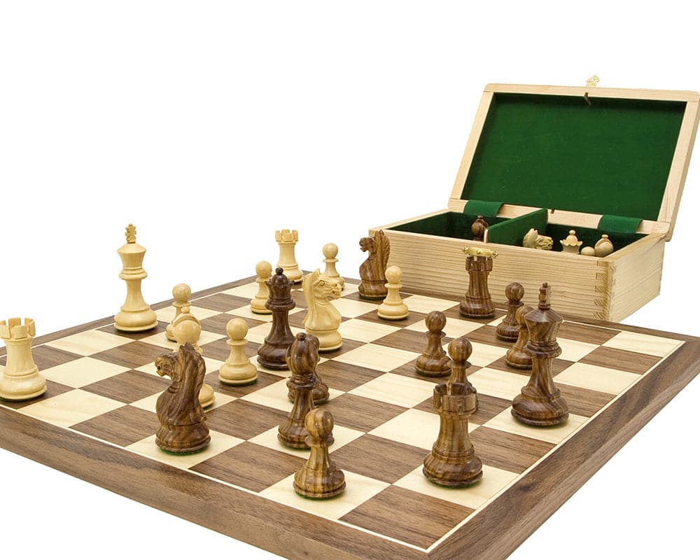 Fierce Knight Tournament Chess Set with double weighted chessmen on board and open storage box with green lining