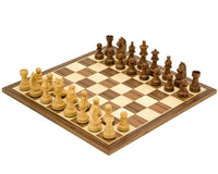 Chess set with 3-inch Staunton pieces on a high-quality walnut board from the Down Head Knight Academy, showcasing Sheesham wood grains.