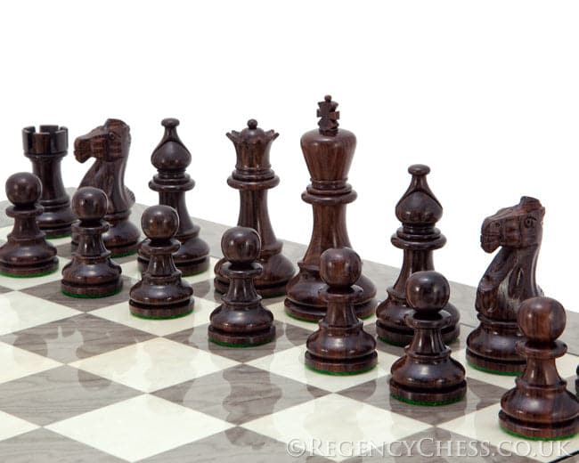 Atlantic Rosewood and Ash Burl Chess Set featuring handcrafted rosewood pieces and stunning grey ash burl board.