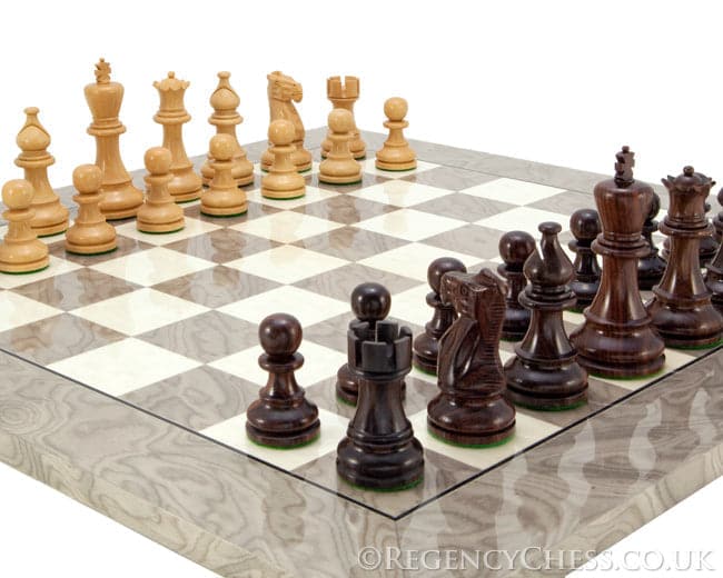 Atlantic Rosewood and Ash Burl Chess Set with handcrafted rosewood pieces and stunning grey ash burl board.