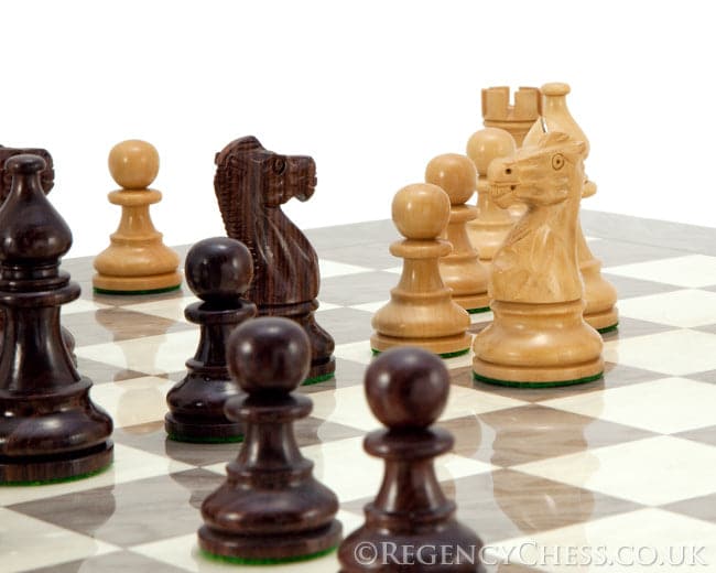 Atlantic Rosewood and Ash Burl Chess Set with handcrafted pieces on a stunning grey ash burl board