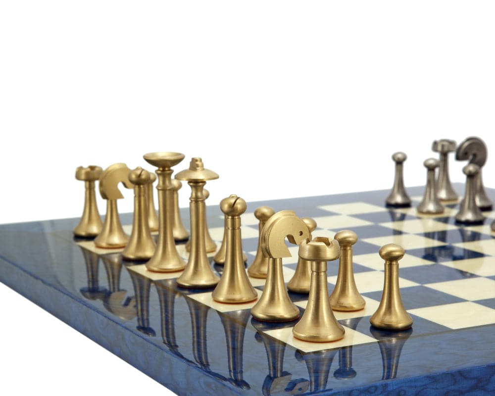 Blue Metropolis Chess Set with Brass and Nickel plated pieces on a blue chess board designed by professional Italian artisans