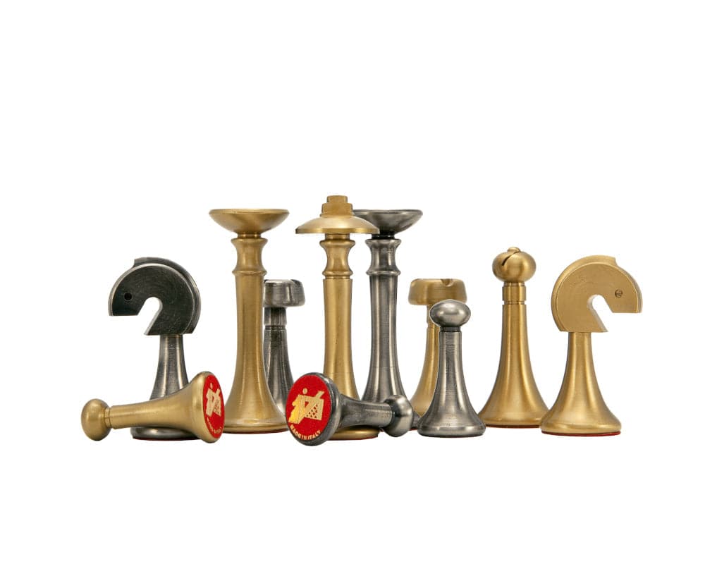 Brass and Nickel plated chess pieces from the Blue Metropolis Chess Set, designed by Italian artisans.