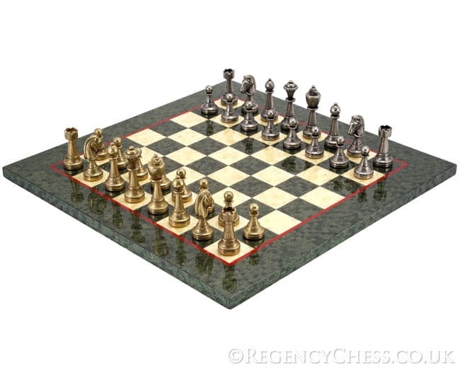 Finnesburg Brass and Olive Luxury Chess Set with detailed embossing and professionally crafted pieces on a beautifully designed board