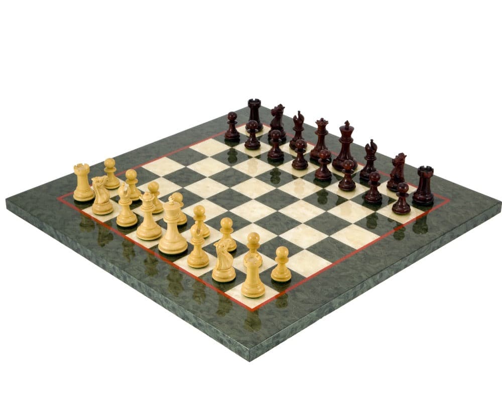 Luxury Sandringham Tres Corone Chess Set with red sandalwood, ebony, boxwood pieces on olive erable burl and maple board.