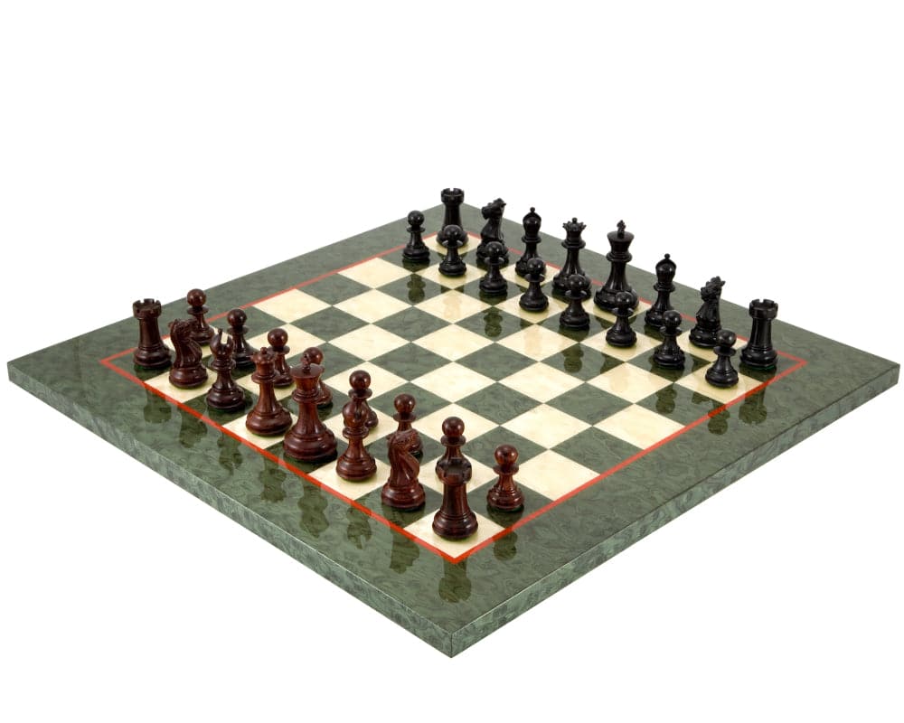 Sandringham Tres Corone Chess Set with red sandalwood, ebony, and boxwood pieces on an olive erable burl and maple chess board.