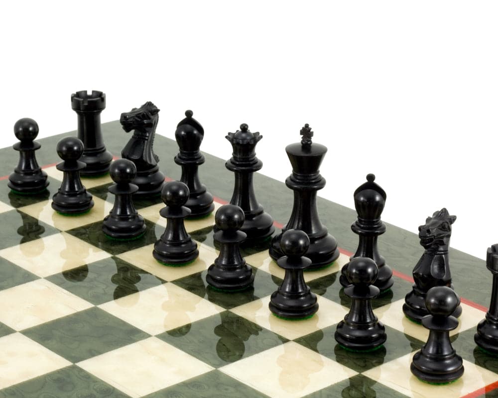 Sandringham Tres Corone luxury chess set with black ebony chess pieces on olive erable burl and maple chess board