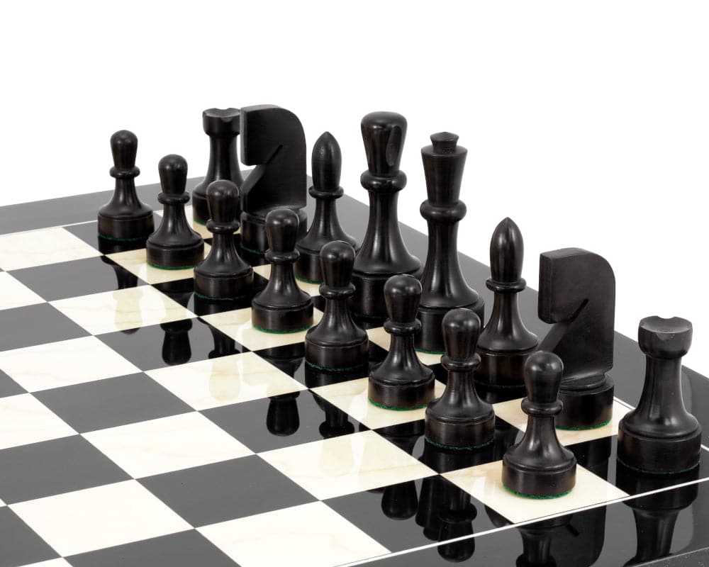 Vanguard-style black anegre chess set with high gloss lacquered chessboard featuring contemporary series chessmen.