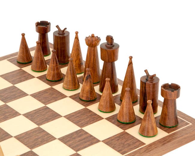 Art Deco walnut chess set with hand-finished sheesham and boxwood pieces on a walnut and maple veneer chessboard.