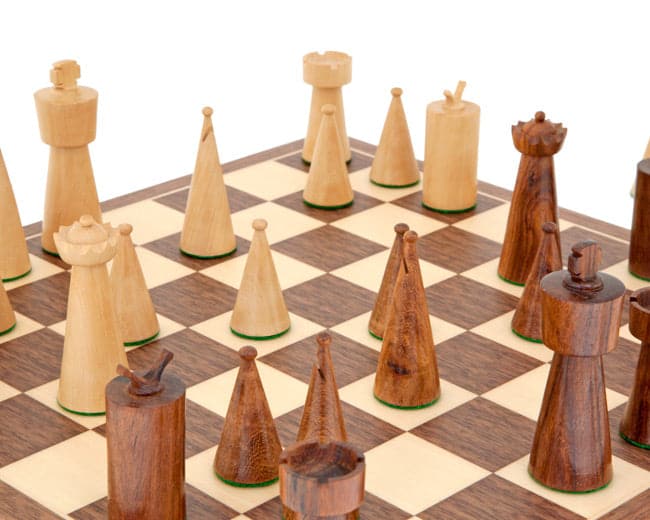 Art Deco Walnut Chess Set with Solid Exotic Sheesham and Boxwood Chessmen on Walnut and Maple Veneer Chessboard