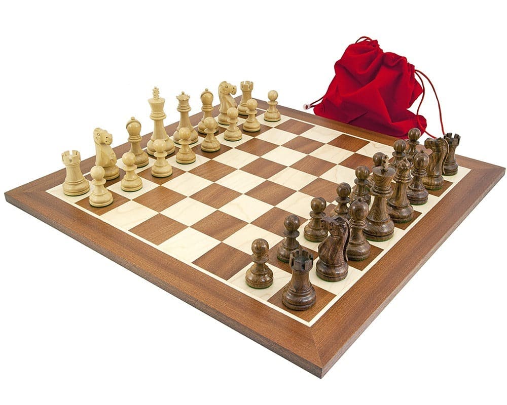 Jacob Knight Sheesham & Mahogany Chess Set with classic Staunton design, 3.75 inch king, and 19 inch mahogany and maple board with carry bag