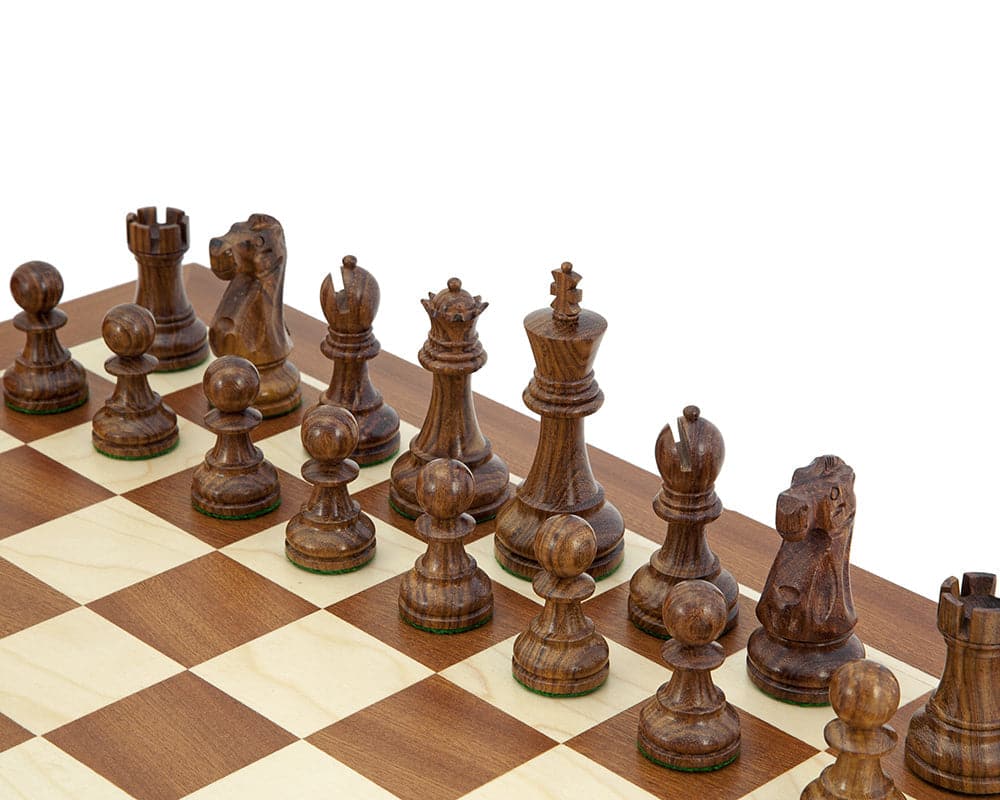 Jacob Knight Sheesham & Mahogany Chess Set with classic Staunton design, weighted pieces on a mahogany and maple board.