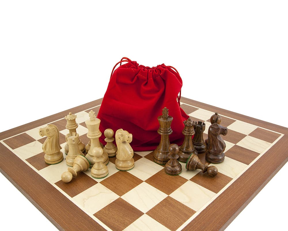 Jacob Knight Sheesham & Mahogany Chess Set with Staunton pieces on board and red carry bag