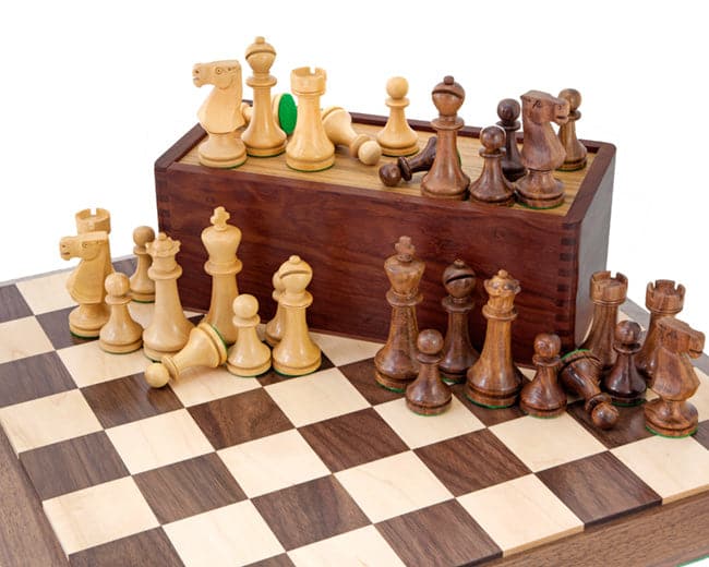 Pioneer solid walnut and sheesham chess set with handmade pieces on walnut and maple chess board and case.