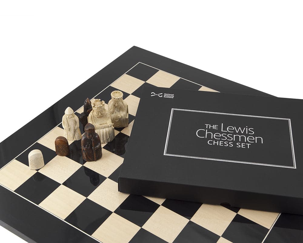 Isle of Lewis Black Gloss Chess Set with board and box displayed